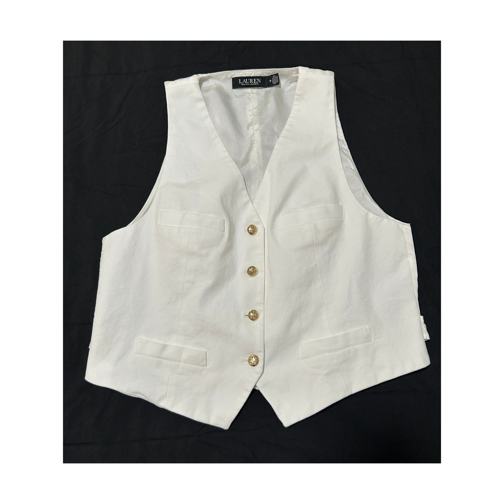 Lauren Ralph Lauren Womens White Cotton Tailored Vest Gold Crest Buttons Size 10